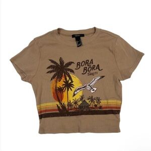 Forever 21 Bora Bora Tahiti Ribbed Crop Top Brown Graphic Tee Women’s Small